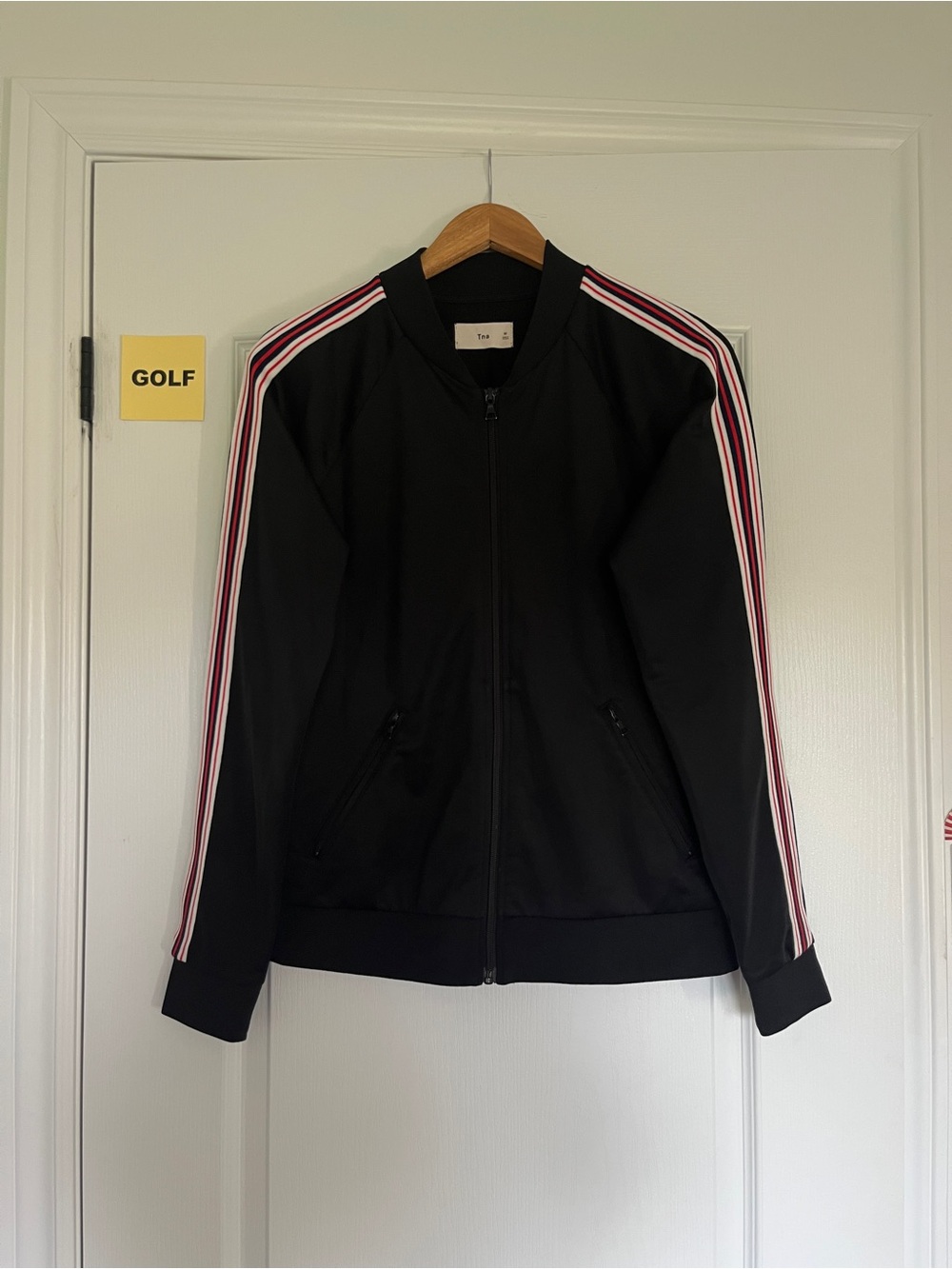 TNA Aritzia Track Jacket with Red & White Shoulder Stripes